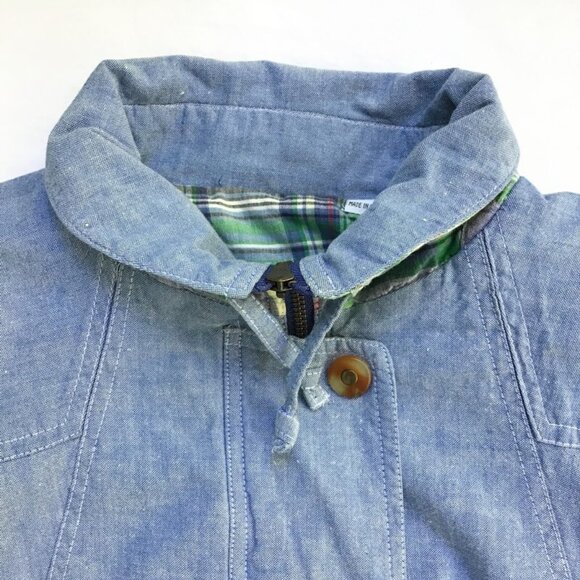 Vintage 90s London Fog Patchwork Plaid Jacket Womens M Blue Chambray Bomber Coat - Picture 3 of 14
